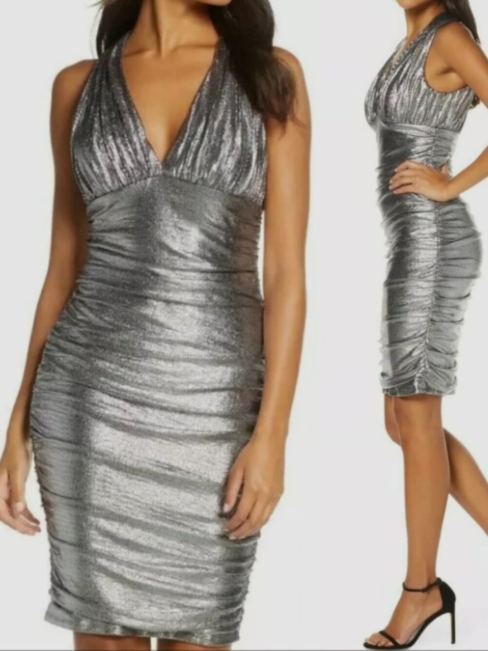 Eliza J Metallic Silver Ruched Cocktail Dress Size 4